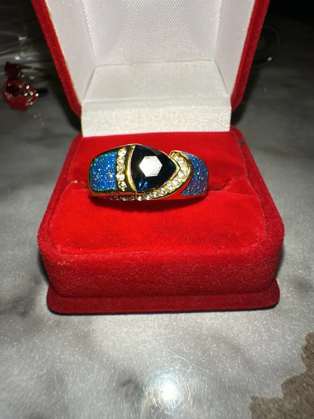 Gold-Tone Blue Sparkle Statement Ring with Blue  Stone